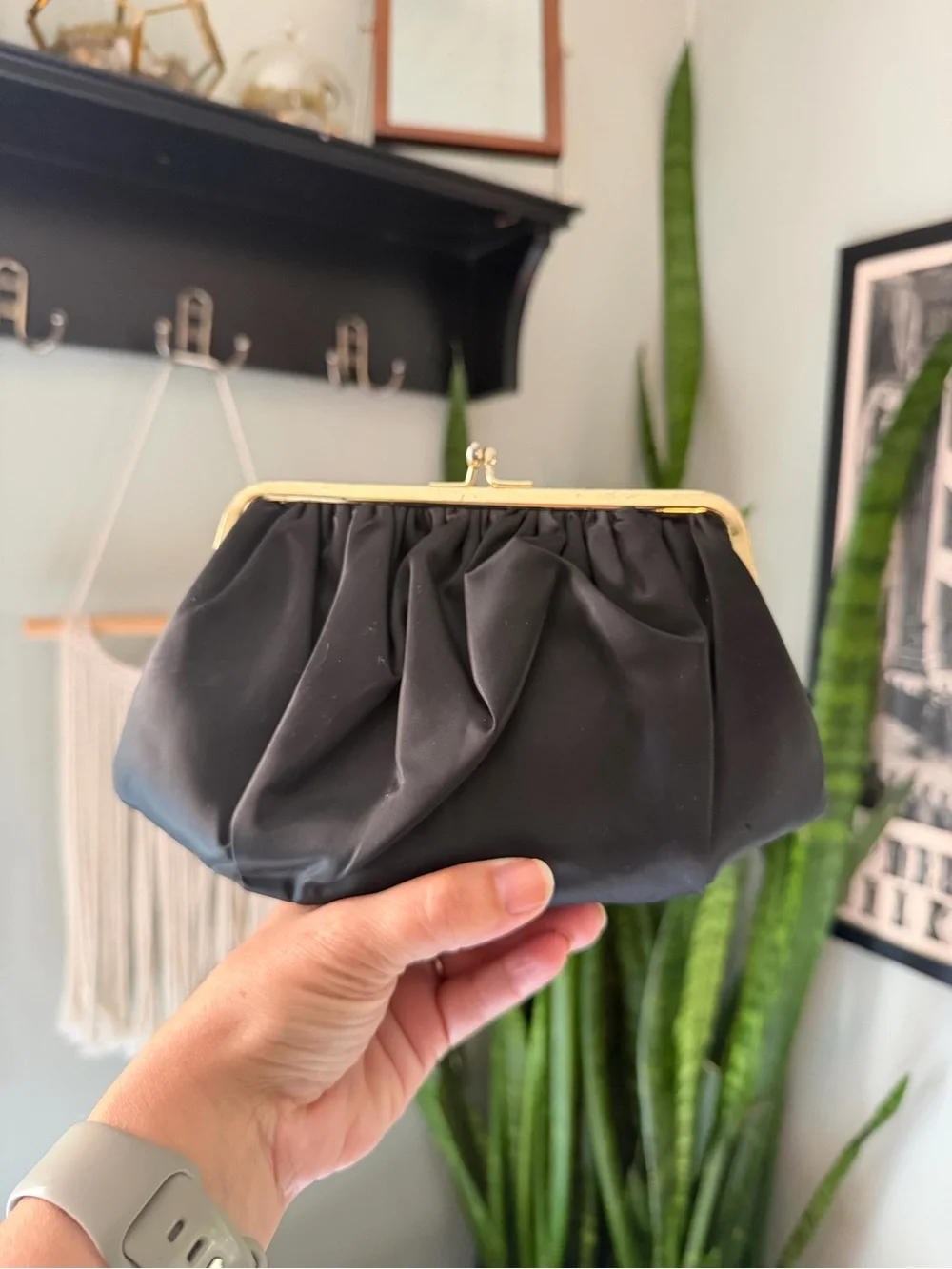 VTG 50s HL Harry Levine Black Satin Kiss-Lock Evening Bag